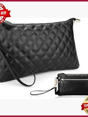 Genuine Leather Wristlet Handbag Bundle with Crossbody Chain